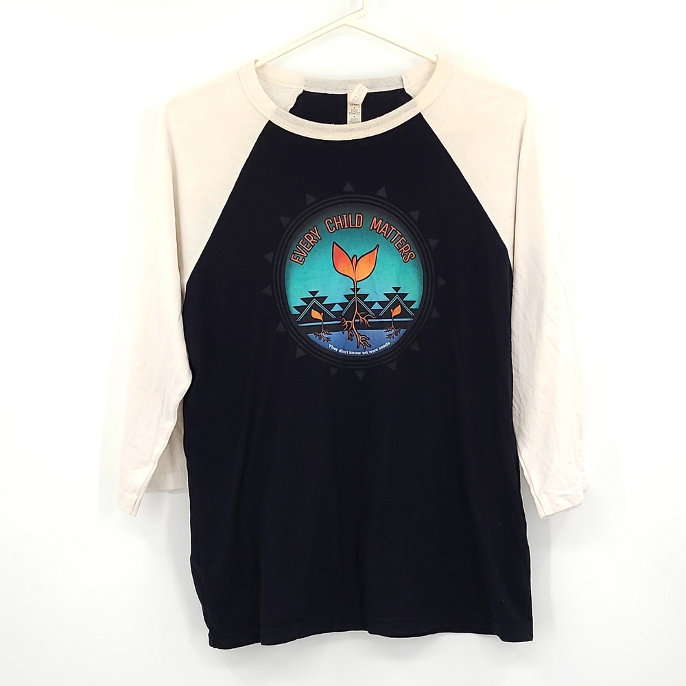 Bella Canvas Medium Black cream 3/4 sleeve every child matters crewneck tee